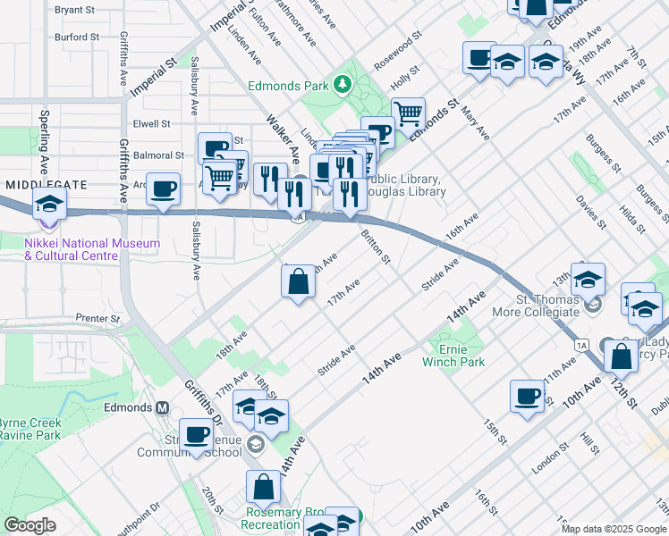 map of restaurants, bars, coffee shops, grocery stores, and more near 7243 17th Avenue in Burnaby