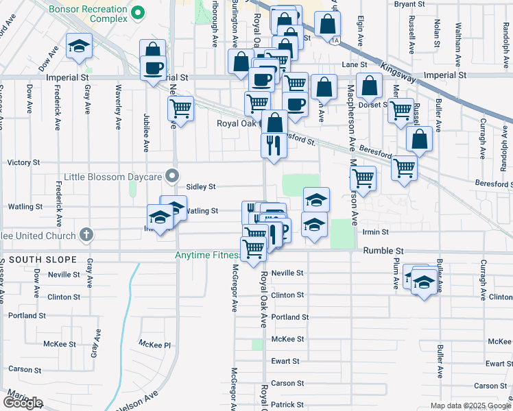 map of restaurants, bars, coffee shops, grocery stores, and more near 5150 Watling Street in Burnaby