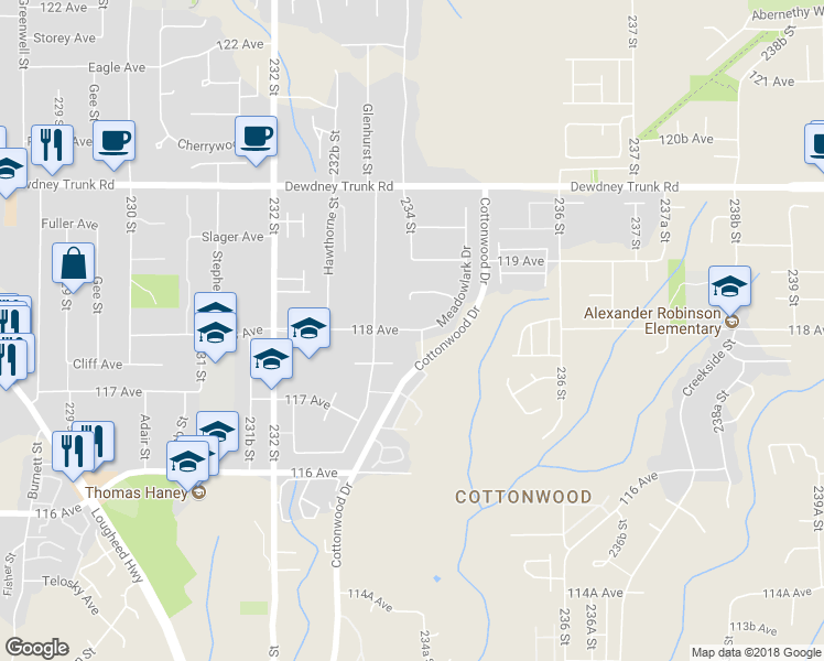 map of restaurants, bars, coffee shops, grocery stores, and more near 23406 118 Avenue in Maple Ridge