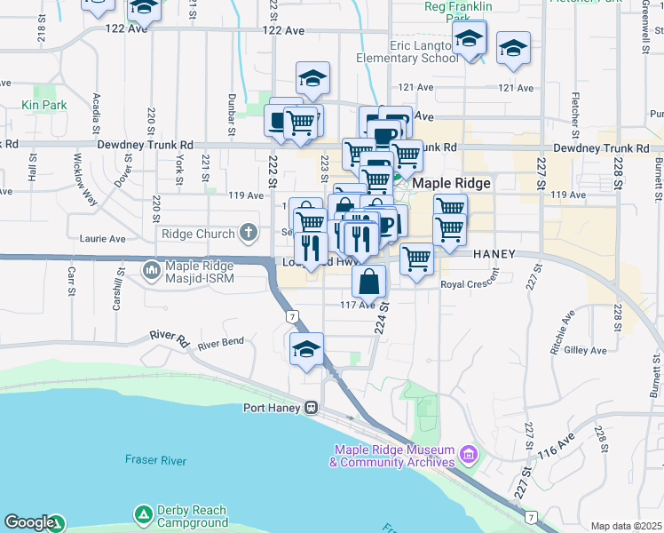map of restaurants, bars, coffee shops, grocery stores, and more near 22318 Lougheed Highway in Maple Ridge