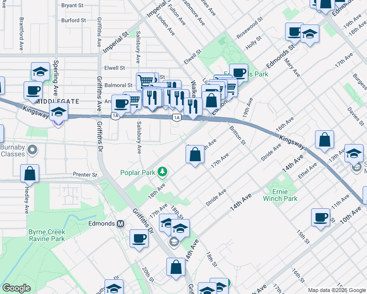 map of restaurants, bars, coffee shops, grocery stores, and more near 7188 Edmonds Street in Burnaby