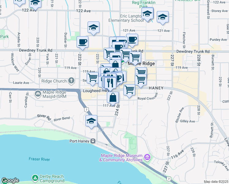map of restaurants, bars, coffee shops, grocery stores, and more near in Maple Ridge
