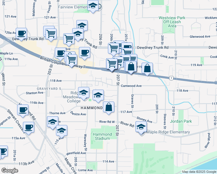 map of restaurants, bars, coffee shops, grocery stores, and more near 20680 118 Avenue in Maple Ridge