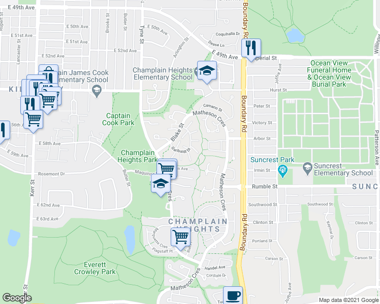 map of restaurants, bars, coffee shops, grocery stores, and more near 7414 Echo Place in Vancouver