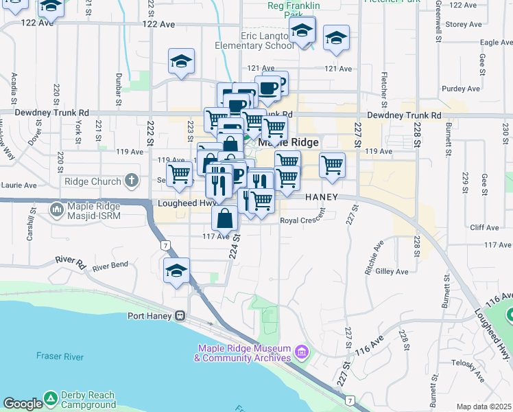 map of restaurants, bars, coffee shops, grocery stores, and more near 11778 224 Street in Maple Ridge