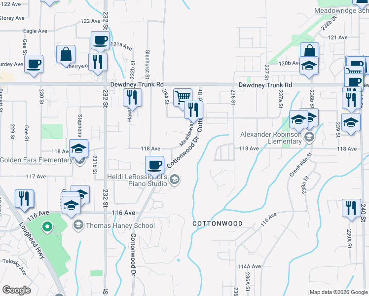 map of restaurants, bars, coffee shops, grocery stores, and more near 11822 Meadowlark Drive in Maple Ridge