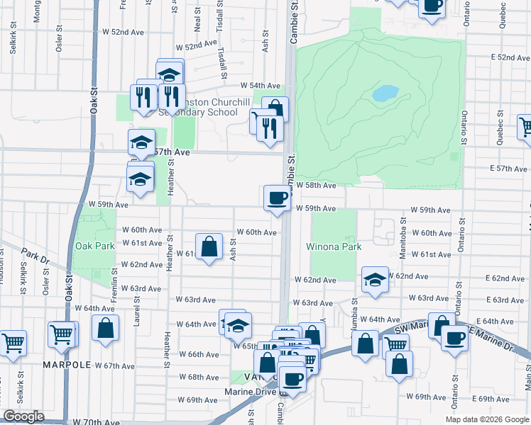 map of restaurants, bars, coffee shops, grocery stores, and more near 522 West 59th Avenue in Vancouver