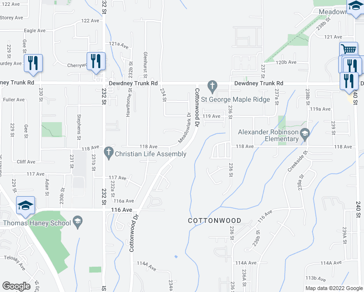 map of restaurants, bars, coffee shops, grocery stores, and more near 11830 Meadowlark Drive in Maple Ridge