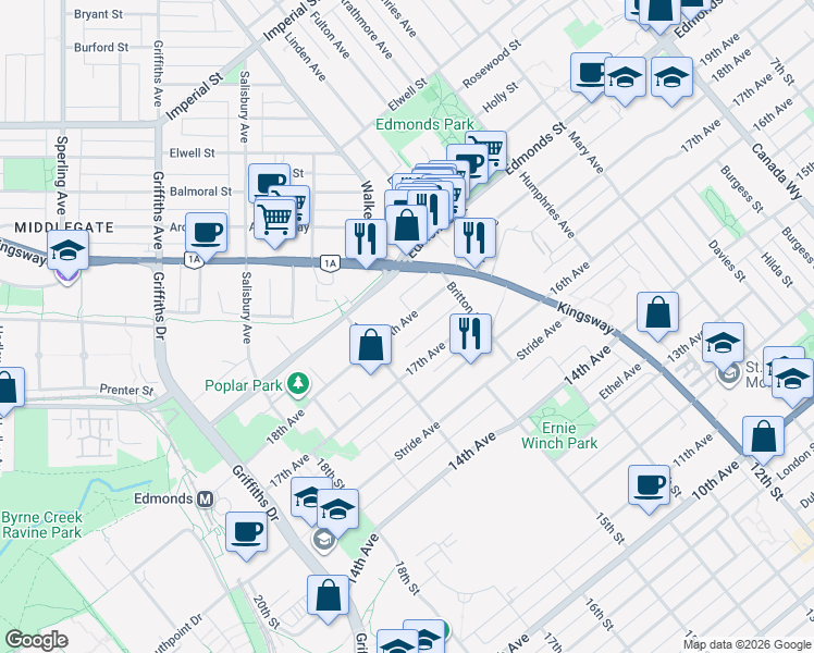 map of restaurants, bars, coffee shops, grocery stores, and more near 7238 18th Avenue in Burnaby