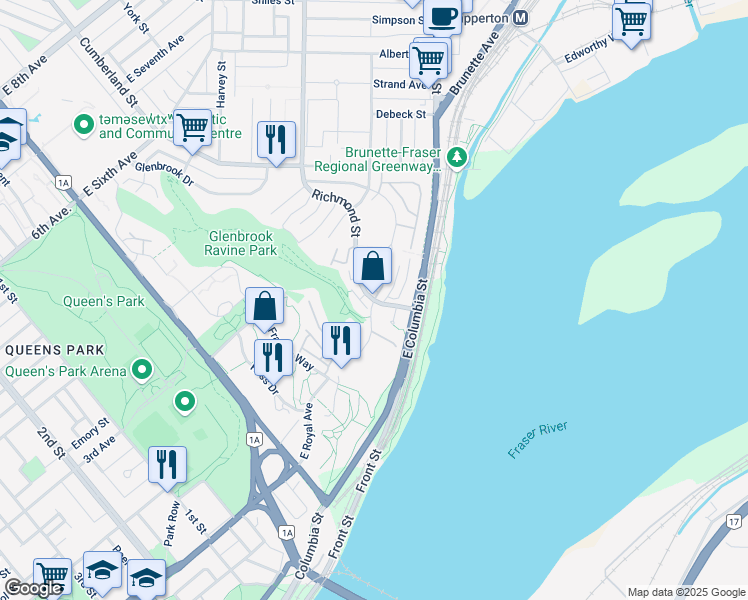 map of restaurants, bars, coffee shops, grocery stores, and more near 104 Richmond Street in New Westminster
