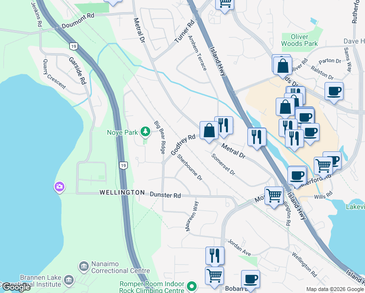 map of restaurants, bars, coffee shops, grocery stores, and more near 5463 Godfrey Road in Nanaimo