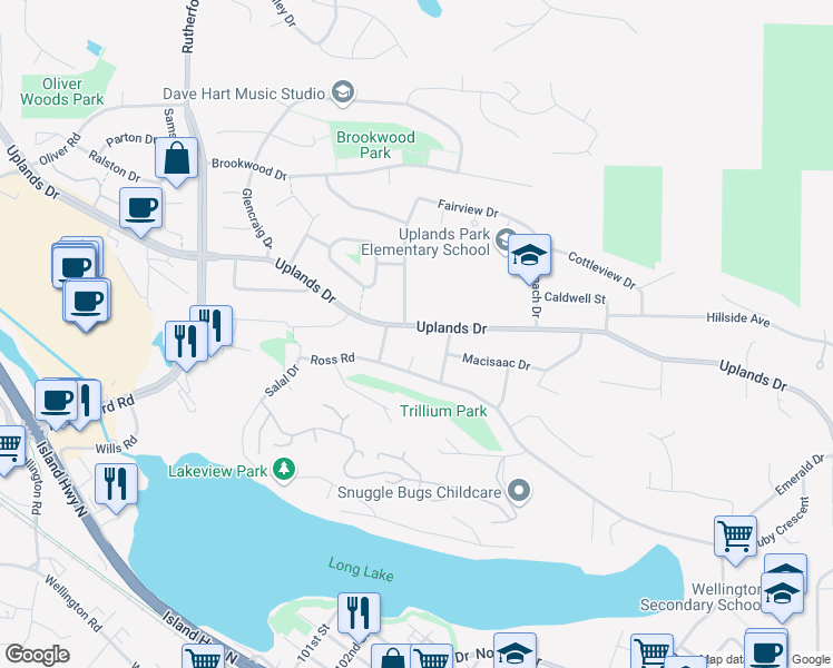 map of restaurants, bars, coffee shops, grocery stores, and more near 4043 Uplands Drive in Nanaimo