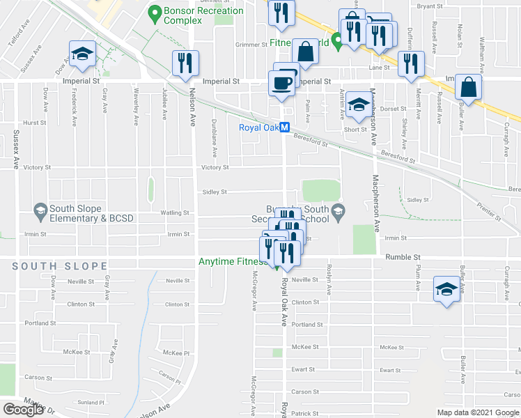map of restaurants, bars, coffee shops, grocery stores, and more near 5131 Watling Street in Burnaby