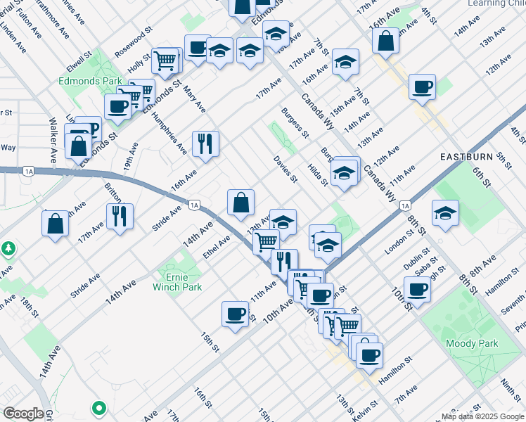 map of restaurants, bars, coffee shops, grocery stores, and more near 7465 13th Avenue in Burnaby