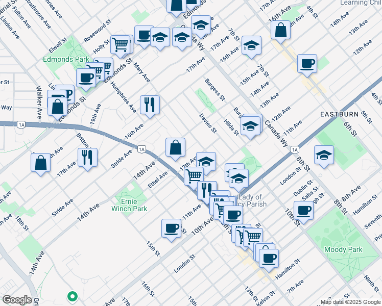 map of restaurants, bars, coffee shops, grocery stores, and more near in Burnaby