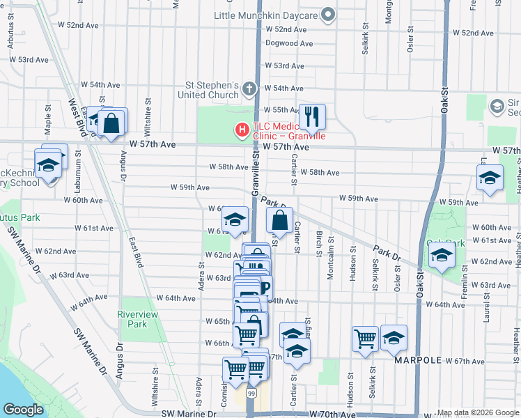 map of restaurants, bars, coffee shops, grocery stores, and more near 7576 Granville Street in Vancouver