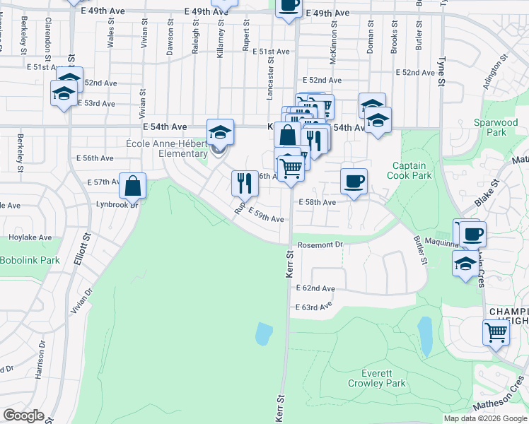 map of restaurants, bars, coffee shops, grocery stores, and more near 3045 East 59th Avenue in Vancouver
