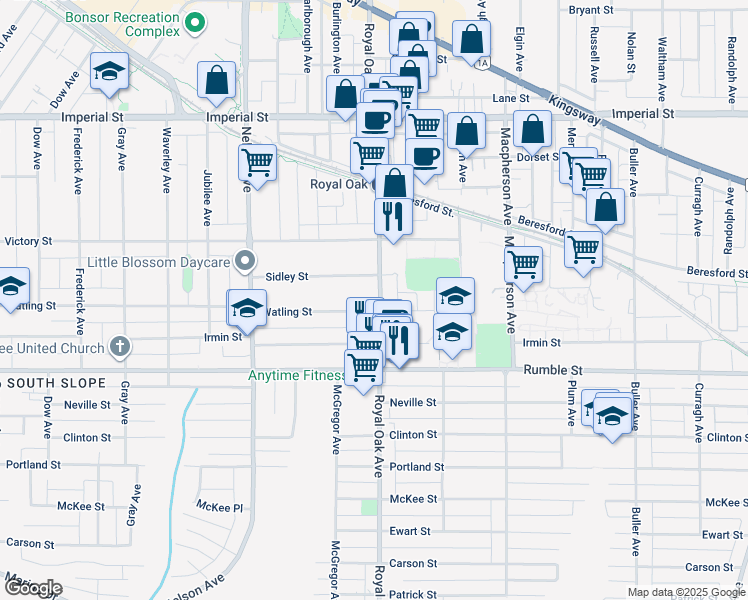 map of restaurants, bars, coffee shops, grocery stores, and more near 5155 Watling Street in Burnaby
