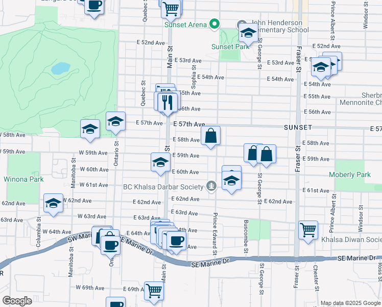 map of restaurants, bars, coffee shops, grocery stores, and more near 293 East 59th Avenue in Vancouver