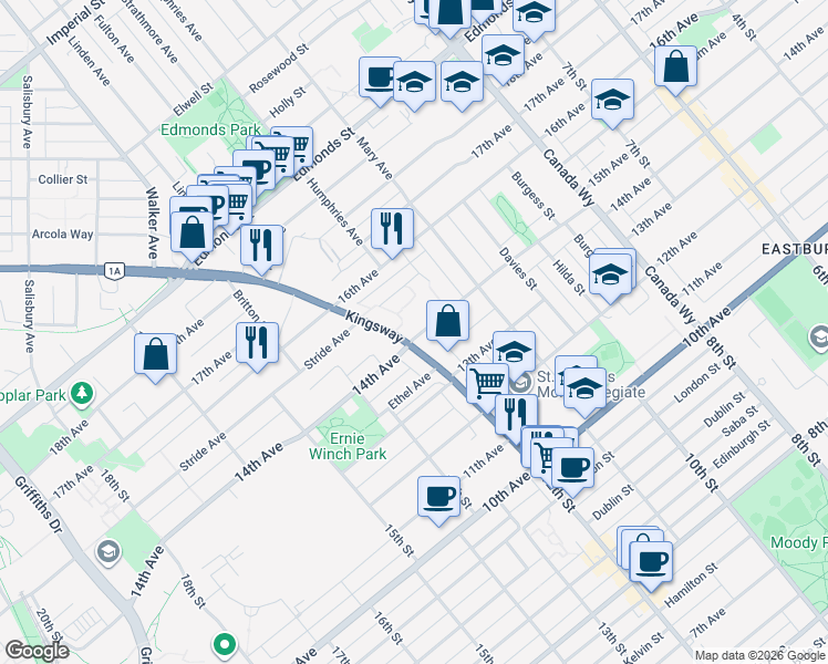 map of restaurants, bars, coffee shops, grocery stores, and more near 7590 Kingsway in Burnaby