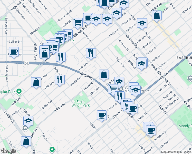 map of restaurants, bars, coffee shops, grocery stores, and more near 7590 Kingsway in Burnaby
