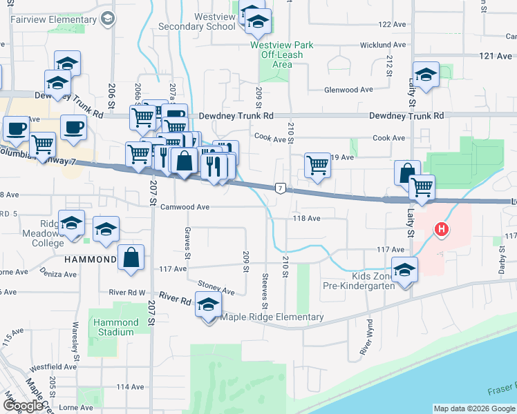 map of restaurants, bars, coffee shops, grocery stores, and more near 20920 Camwood Avenue in Maple Ridge