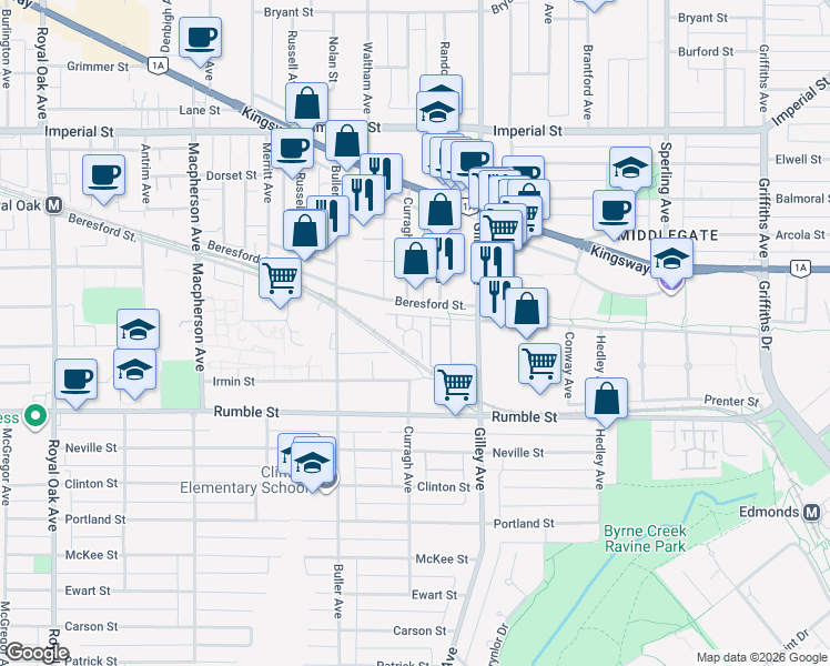 map of restaurants, bars, coffee shops, grocery stores, and more near 6088 Beresford Street in Burnaby