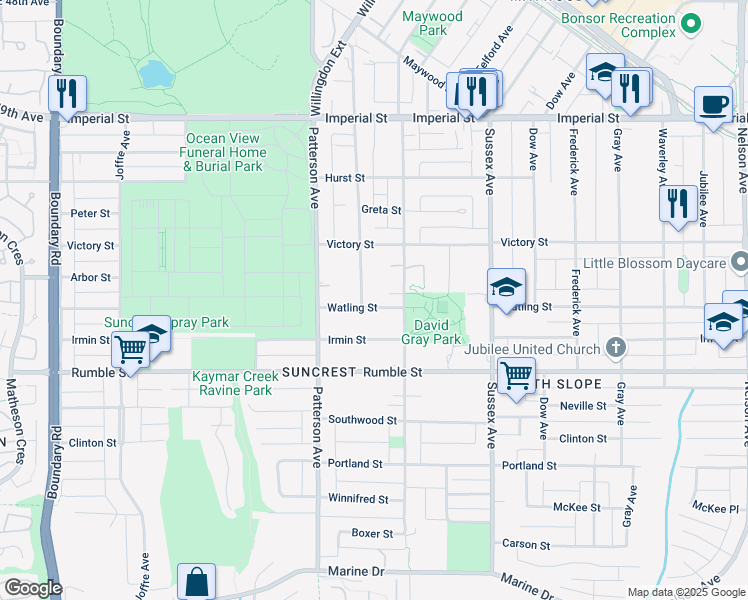 map of restaurants, bars, coffee shops, grocery stores, and more near 4215 Watling Street in Burnaby