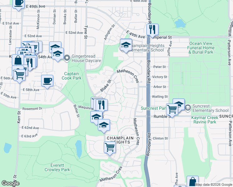 map of restaurants, bars, coffee shops, grocery stores, and more near 7359 Pinnacle Court in Vancouver