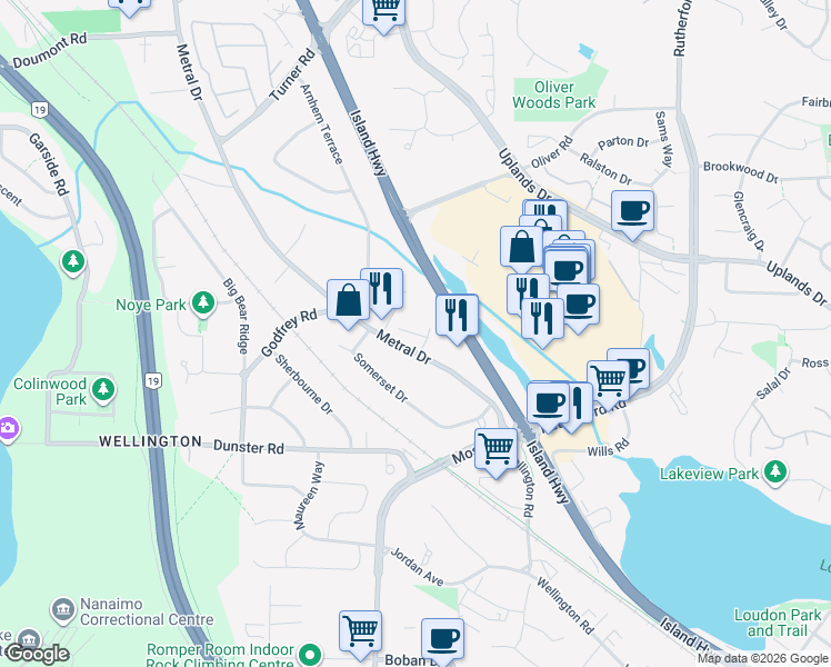 map of restaurants, bars, coffee shops, grocery stores, and more near Dublin Way in Nanaimo