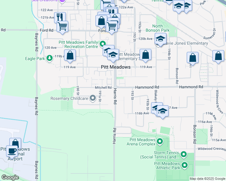 map of restaurants, bars, coffee shops, grocery stores, and more near 11789 Harris Road in Pitt Meadows