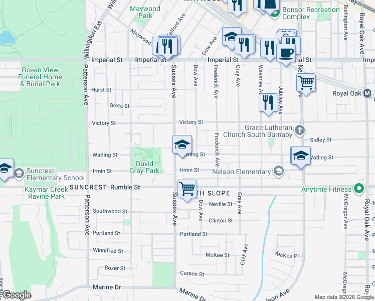 map of restaurants, bars, coffee shops, grocery stores, and more near 4457 Watling Street in Burnaby