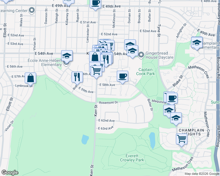 map of restaurants, bars, coffee shops, grocery stores, and more near 3180 East 58th Avenue in Vancouver