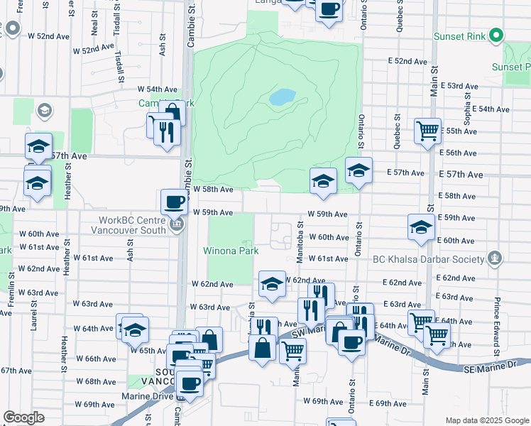 map of restaurants, bars, coffee shops, grocery stores, and more near 329 West 59th Avenue in Vancouver