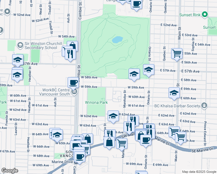 map of restaurants, bars, coffee shops, grocery stores, and more near 345 West 59th Avenue in Vancouver