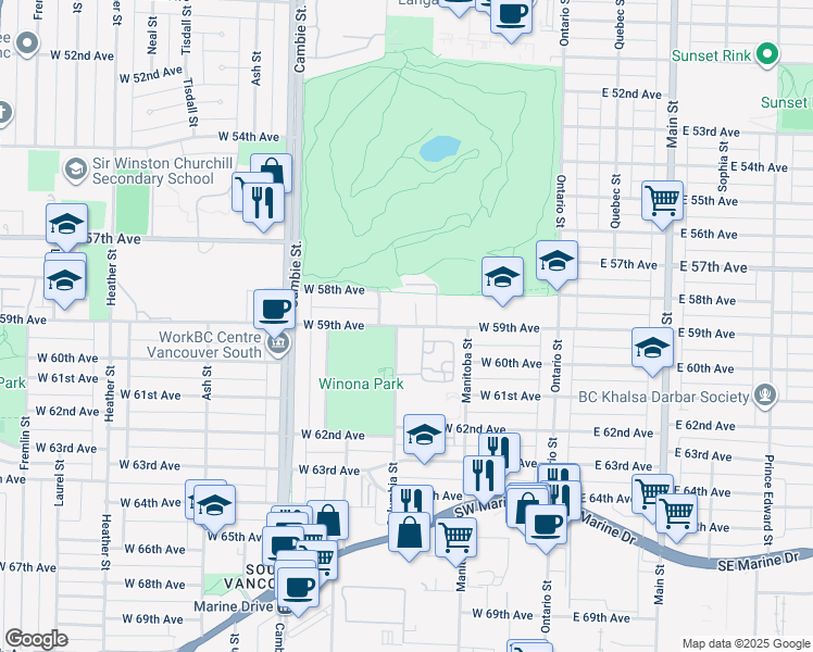 map of restaurants, bars, coffee shops, grocery stores, and more near in Vancouver