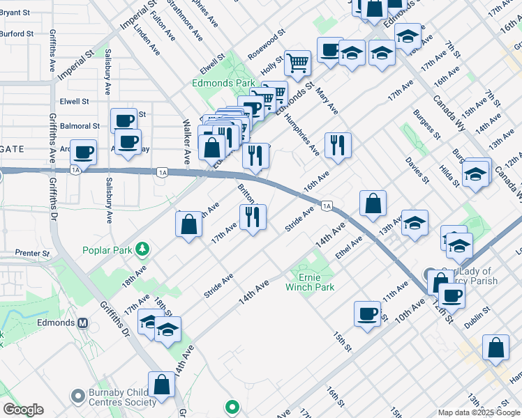 map of restaurants, bars, coffee shops, grocery stores, and more near 7315 16th Avenue in Burnaby