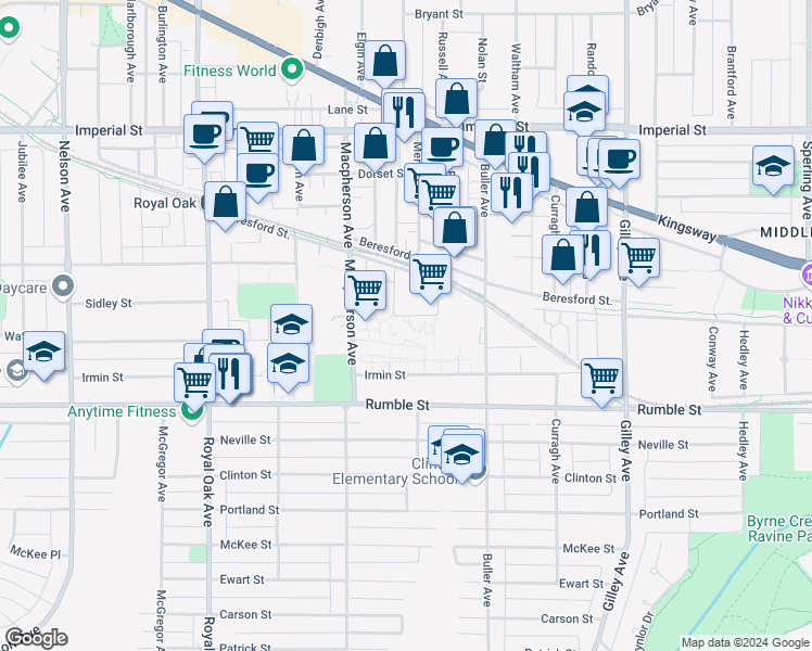 map of restaurants, bars, coffee shops, grocery stores, and more near 5788 Sidley Street in Burnaby