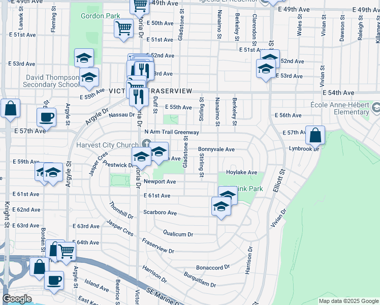 map of restaurants, bars, coffee shops, grocery stores, and more near in Vancouver