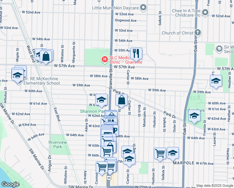 map of restaurants, bars, coffee shops, grocery stores, and more near in Vancouver