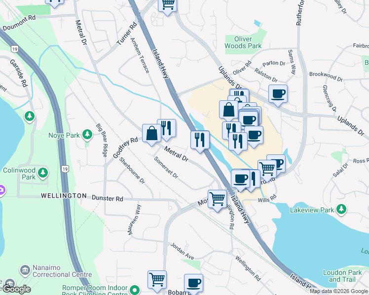 map of restaurants, bars, coffee shops, grocery stores, and more near 102-5220 Dublin Way in Nanaimo