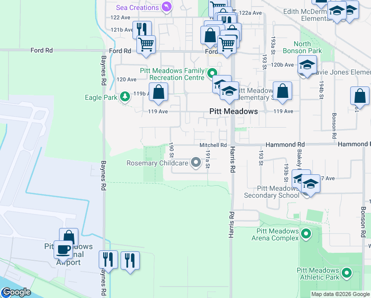 map of restaurants, bars, coffee shops, grocery stores, and more near 19050 Mitchell Road in Pitt Meadows