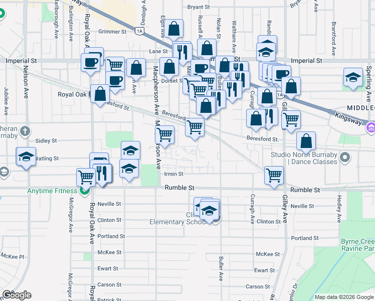map of restaurants, bars, coffee shops, grocery stores, and more near 5788 Sidley Street in Burnaby