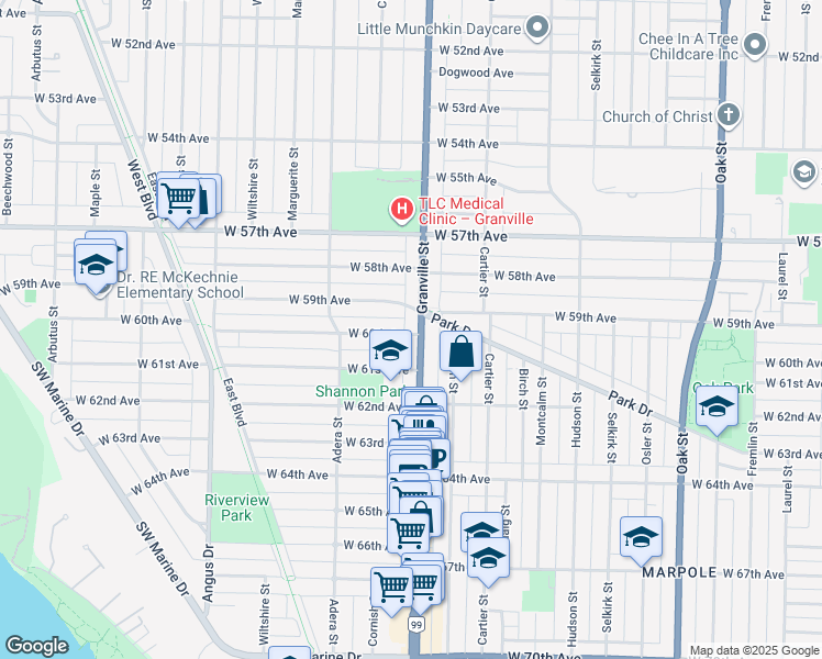 map of restaurants, bars, coffee shops, grocery stores, and more near 1505 West 60th Avenue in Vancouver