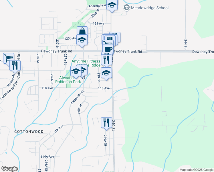 map of restaurants, bars, coffee shops, grocery stores, and more near 23979 118 Avenue in Maple Ridge