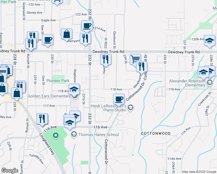 map of restaurants, bars, coffee shops, grocery stores, and more near 23311 118 Avenue in Maple Ridge