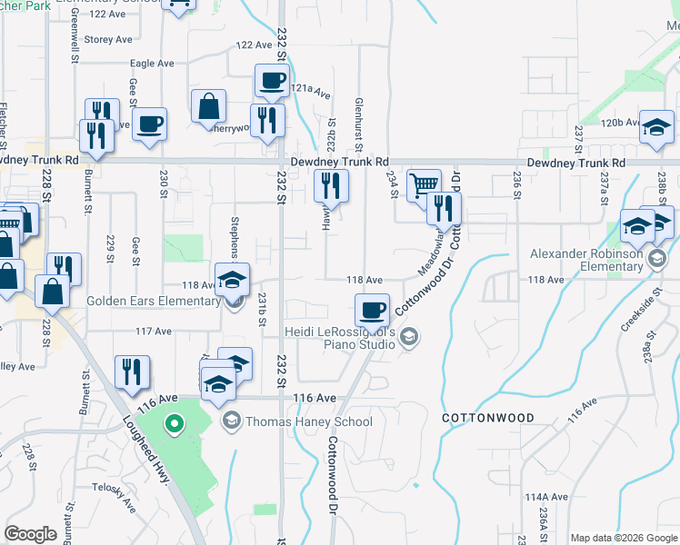map of restaurants, bars, coffee shops, grocery stores, and more near 23296 118 Avenue in Maple Ridge