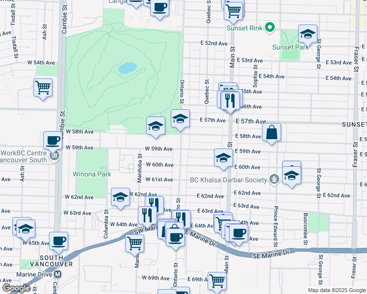 map of restaurants, bars, coffee shops, grocery stores, and more near 5 East 59th Avenue in Vancouver