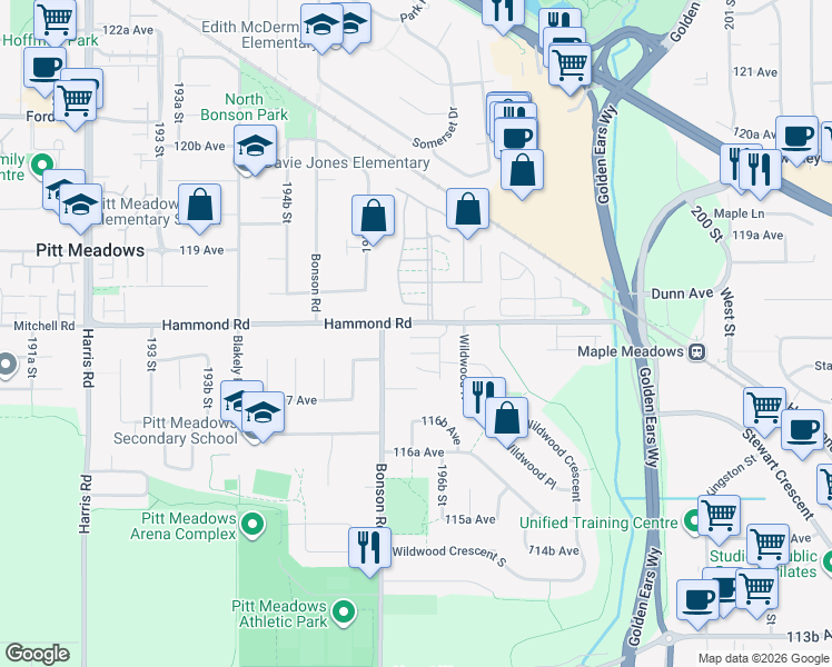 map of restaurants, bars, coffee shops, grocery stores, and more near 11770 Bonson Road in Pitt Meadows