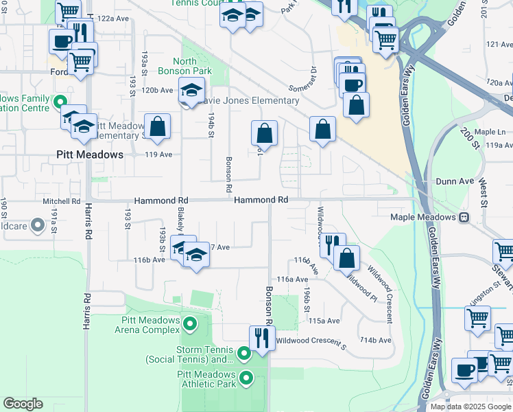 map of restaurants, bars, coffee shops, grocery stores, and more near 19570 Hammond Road in Pitt Meadows